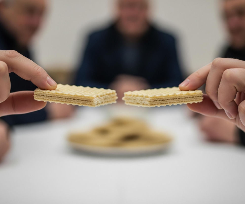 Dwie dłonie, jedna po lewej i druga po prawej, trzymają po jednym prostokątnym wafelku o beżowym kolorze, zbliżając je do siebie. Waferki mają widoczną gofrowaną teksturę i składają się z kilku warstw. Dłonie są ułożone na białym tle, prawdopodobnie stole, na którym w tle widoczny jest talerz z niewyraźną stertą podobnych wafli. Za stołem siedzą niewyraźne sylwetki czterech osób w ciemnych ubraniach, z rozmazanymi twarzami i górnymi partiami ciała.