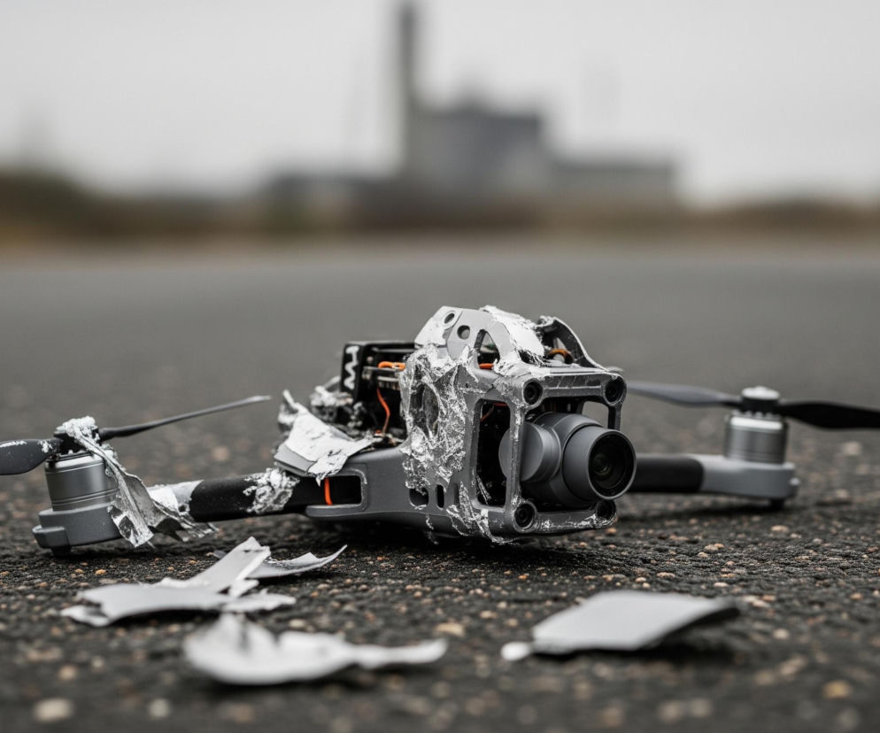 Zniszczony dron, w przeważającej części szary i czarny, leży na ciemnym, ziarnistym asfalcie, lekko przekrzywiony w prawo. Jego korpus jest mocno uszkodzony, z widocznymi szczątkami srebrnej folii, a wewnętrzne przewody w kolorze pomarańczowym są odsłonięte. Cztery śmigła, częściowo czarne i uszkodzone, są przymocowane do ramion drona, a kamera z ciemnym obiektywem znajduje się z przodu korpusu. Kilka drobnych, srebrnych kawałków roztrzaskanego materiału leży obok drona na asfalcie. Tło jest rozmyte, widoczne są niewyraźne, szare kształty budynków przemysłowych.