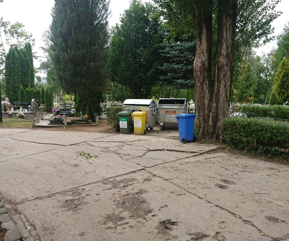 Kolorowe kontenery na odpady przy alejce na cmentarzu. O zasadach segregacji śmieci przeczytasz na SE Superbiz.