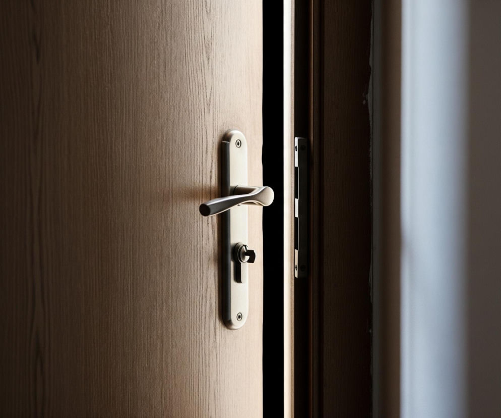 Uchylone drewniane drzwi z widocznym srebrnym, metalowym klamką i zamkiem, dominują obraz. Lewa część drzwi jest jaśniejsza, ukazując wyraźne słoje drewna, które zanikają w cieniu po lewej stronie kadru. Prawa strona drzwi pozostaje otwarta, odsłaniając jasną, pionową szczelinę światła, a za nią ciemniejsze wnętrze. Po prawej stronie kadru widoczny jest fragment białej ściany.