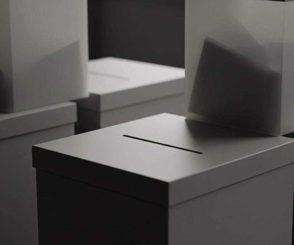 Na pierwszym planie widoczne są cztery prostokątne pojemniki w odcieniach szarości, ułożone w rzędach. Dwa z nich, te bliżej obserwatora, mają długie, wąskie otwory na górnych powierzchniach. Jeden z pojemników na drugim planie jest półprzezroczysty, ukazując wewnątrz ciemny, zagięty kształt. Całe otoczenie jest utrzymane w jednolitych, stonowanych barwach szarości i czerni, tworząc minimalistyczną kompozycję.