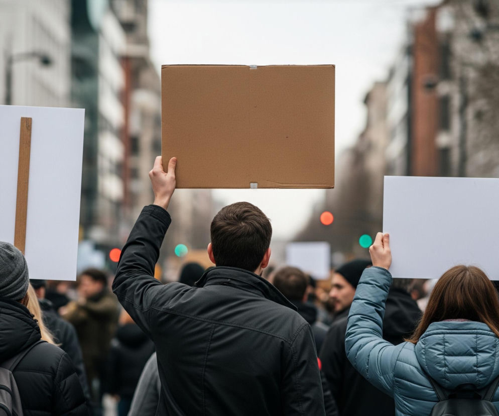 Tłum ludzi protestujących idzie ulicą, widać ich plecy i podniesione w górę tablice. Centralna postać, ubrana w ciemną kurtkę, trzyma podniesioną do góry brązową kartonową tablicę. Po jej lewej stronie, w pierwszym planie, widoczna jest osoba w szarej czapce i czarnej kurtce z plecakiem, trzymająca białą tablicę z pionowym, drewnianym kijem. Po prawej stronie, nieco dalej, kobieta w jasnoniebieskiej kurtce również podnosi białą tablicę. Tło jest rozmyte, ukazując zarysy budynków i światła sygnalizacji świetlnej – jedno czerwone i jedno zielone.