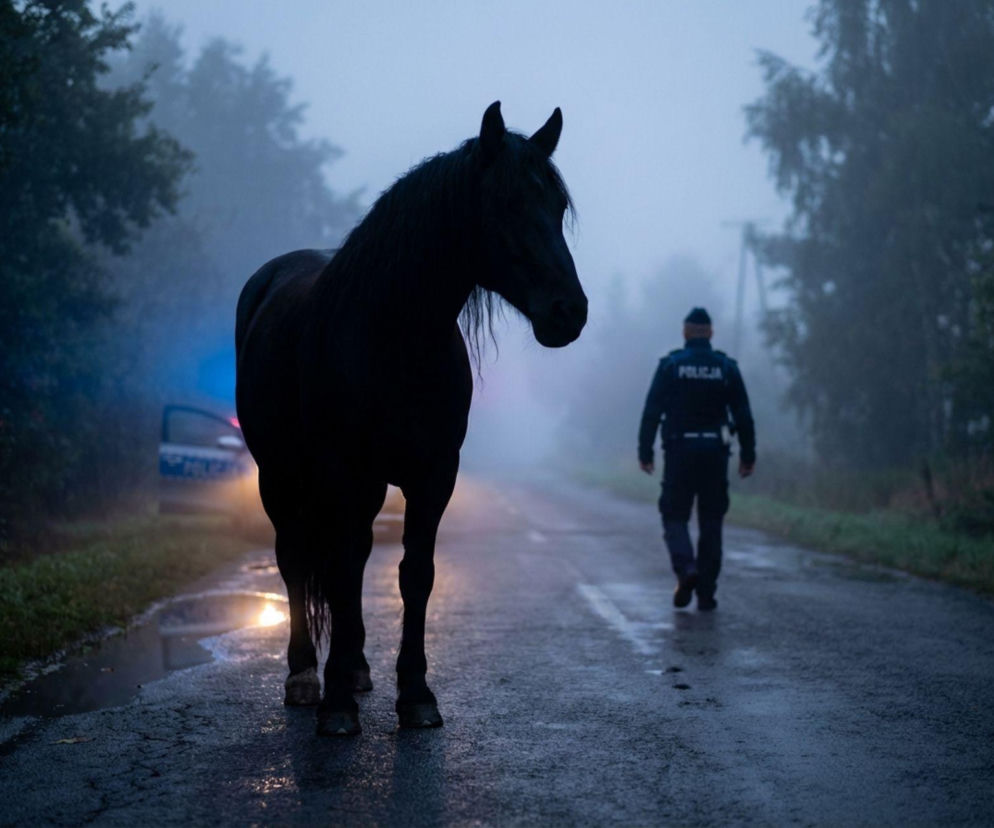 Sylwetka konia i policjanta w świetle sygnałów policyjnych