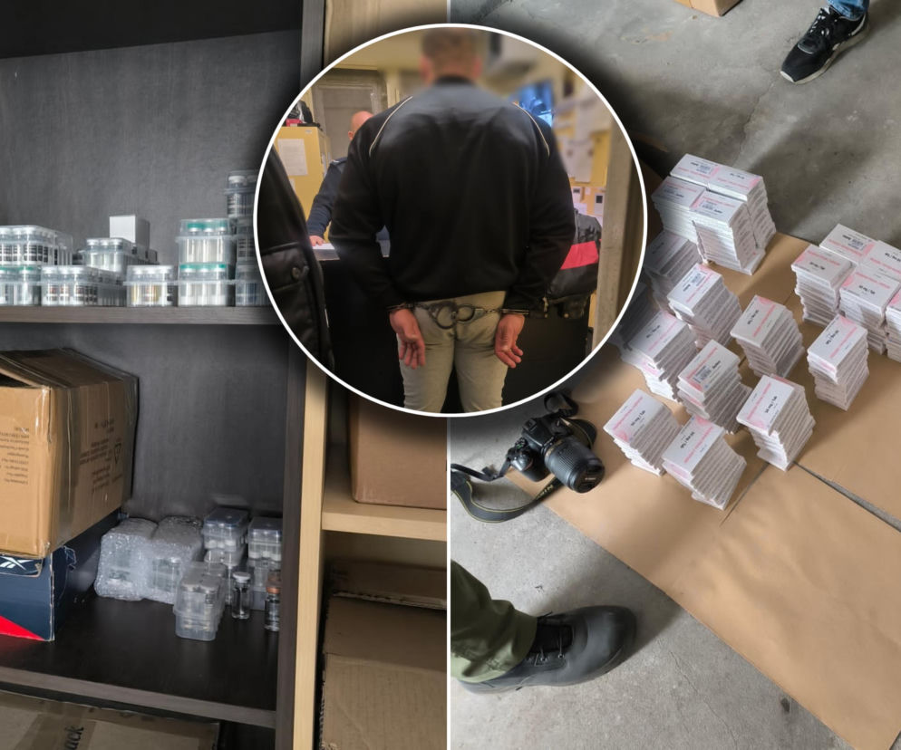 Aresztowany 31-latek w kajdankach, a obok dowody – szafka wypełniona lekami na potencję i anabolikami w przezroczystych opakowaniach oraz setki ich opakowań na podłodze, co ilustruje artykuł na naszym portalu o farmaceutycznej hurtowni odkrytej w mieszkaniu.