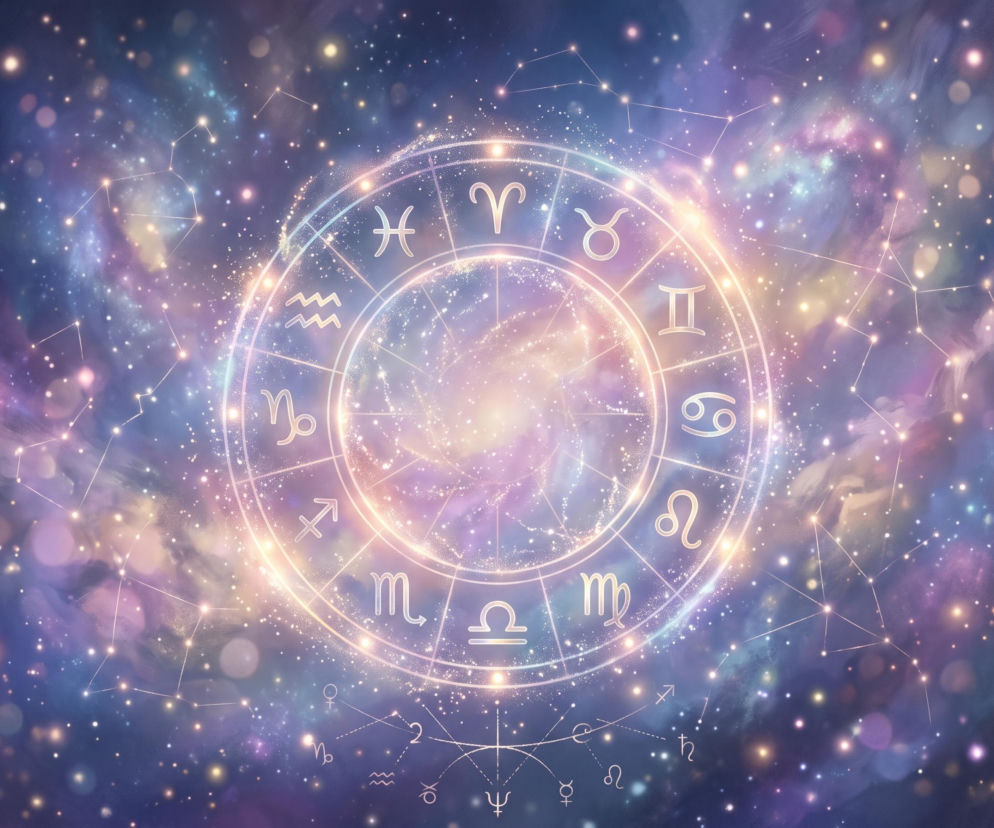 Złoty krąg z symbolami zodiaku na tle lśniącej mgławicy. O horoskopie na ubywający Księżyc przeczytasz na VOX FM.