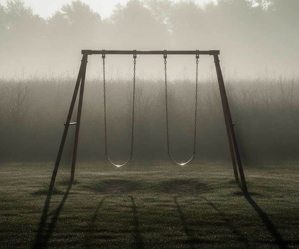 Centralnie umieszczona huśtawka dla dwojga, wykonana z metalowych rur w kolorze rdzawym, stoi na tle mglistego krajobrazu. Dwie metalowe łańcuchy, zakończone zakrzywionymi siedziskami, zwisają swobodnie, a na ich powierzchni odbija się jasne światło. Murawa pod huśtawką, pokryta drobnymi kroplami rosy, lśni delikatnie, tworząc teksturę w odcieniach zieleni i brązu, oraz widać na niej wyraźne cienie konstrukcji huśtawki. W tle rozciąga się gęsta mgła, przez którą ledwo przebijają się kontury drzew i krzewów, tworząc rozmytą, monochromatyczną scenerię.