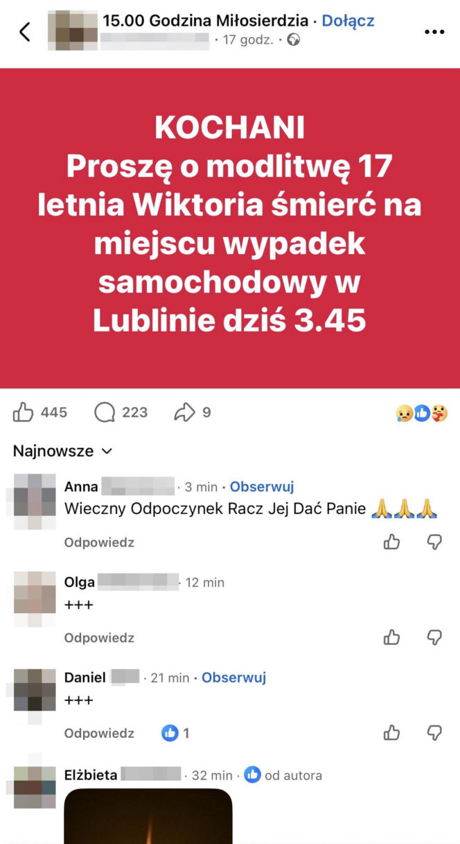 Patryk nie miał prawa jazdy, był pijany. 17-letnia Wiktoria już nie wróci do domu
