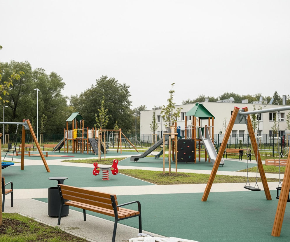 Nowoczesny plac zabaw rozciąga się na pierwszym planie i w centrum obrazu, z zieloną, gumową nawierzchnią i jasnoszarymi, brukowanymi ścieżkami wyznaczającymi przestrzenie. Po lewej stronie widoczne są brązowe ławki z czarnymi oparciami i ramami, a za nimi zestawy huśtawek z drewnianymi ramami i czarnymi siedziskami. W tle po lewej i prawej stronie rosną drzewa o bujnych, zielonych liściach, a za placem zabaw rozciągają się białe budynki mieszkalne z płaskimi dachami i prostokątnymi oknami, otoczone czarnymi, metalowymi ogrodzeniami.