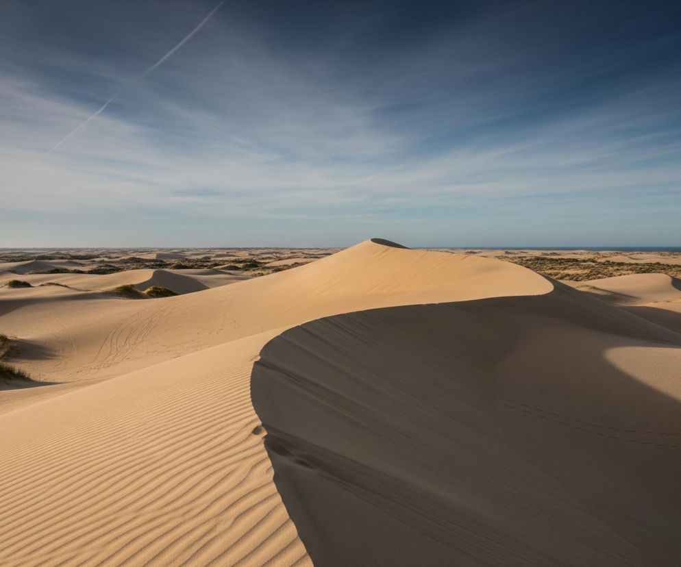 Wielka, piaszczysta wydma w kolorze złotym biegnie przez środek kadru, tworząc wyraźny łuk w prawo, a jej jasna, pofałdowana powierzchnia w pierwszym planie przechodzi w ciemniejszy, zacieniony stok. W tle rozciągają się liczne mniejsze wydmy o różnych odcieniach piasku, częściowo pokryte kępami zielonej i brązowej roślinności. Daleko na horyzoncie widoczna jest linia błękitnego oceanu i fragment błękitnej wody w zagłębieniu między wydmami, a nad całością rozciąga się niebo w odcieniach błękitu z białymi, podłużnymi smugami chmur oraz jedną białą smugą kondensacyjną samolotu.