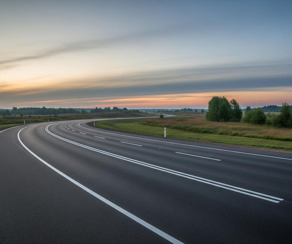 Ciemny asfalt drogi, z wyraźnymi białymi liniami, zakręca w prawo, dominując dolną część kadru. Po lewej stronie jezdnię ogranicza biały krawężnik, a dalej widoczny jest pas zielonej trawy i ciemniejszej ziemi. Otoczenie drogi to rozległe pola porośnięte zieloną i wysuszoną trawą, a w oddali widać ciemnozielony las, z pojedynczymi drzewami bliżej jezdni. Nad horyzontem niebo przechodzi od jasnopomarańczowych i różowych tonów w dole, do błękitnych i szarawych barw wyżej, z widocznymi poziomymi smugami chmur.