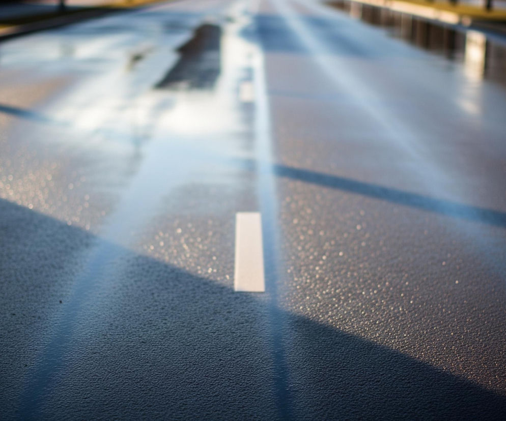 Asfaltowa droga, pokryta licznymi kałużami odbijającymi jasne światło, rozciąga się w głąb obrazu, zajmując jego większą część. Na środku drogi widać pojedynczą, białą linię przerywaną, wskazującą kierunek jazdy. Powierzchnia asfaltu jest ciemnoszara, a kałuże, szczególnie te w prawym górnym rogu, tworzą rozmyte, jasne plamy. W oddali, po bokach drogi, widać zamazane kształty drzew i budynków, z których odbicia są widoczne w mokrej nawierzchni.