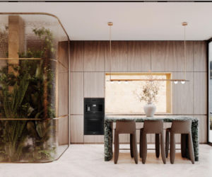 Żelbetowe schody i zaokrąglona ściana ze szkła katedralnego - miejsce dla roślin