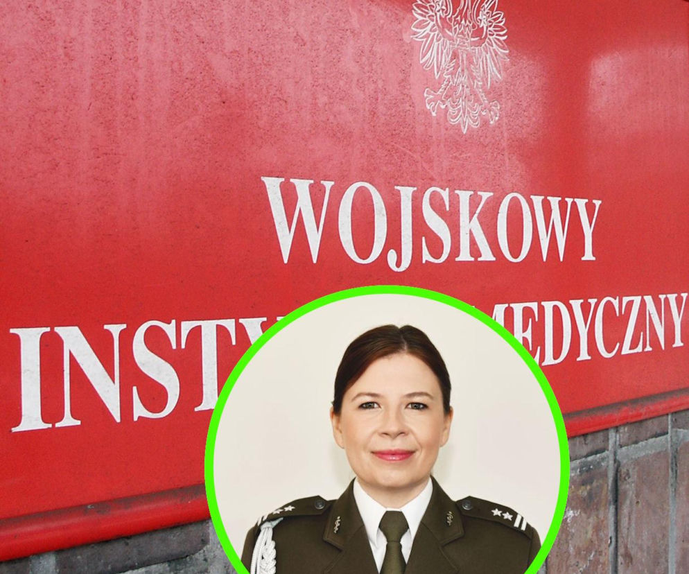 Tablica z napisem Wojskowy Instytut Medyczny i orłem. Na miniaturze ppłk dr Agata Będzichowska. Czytaj na SE Portal Obronny.