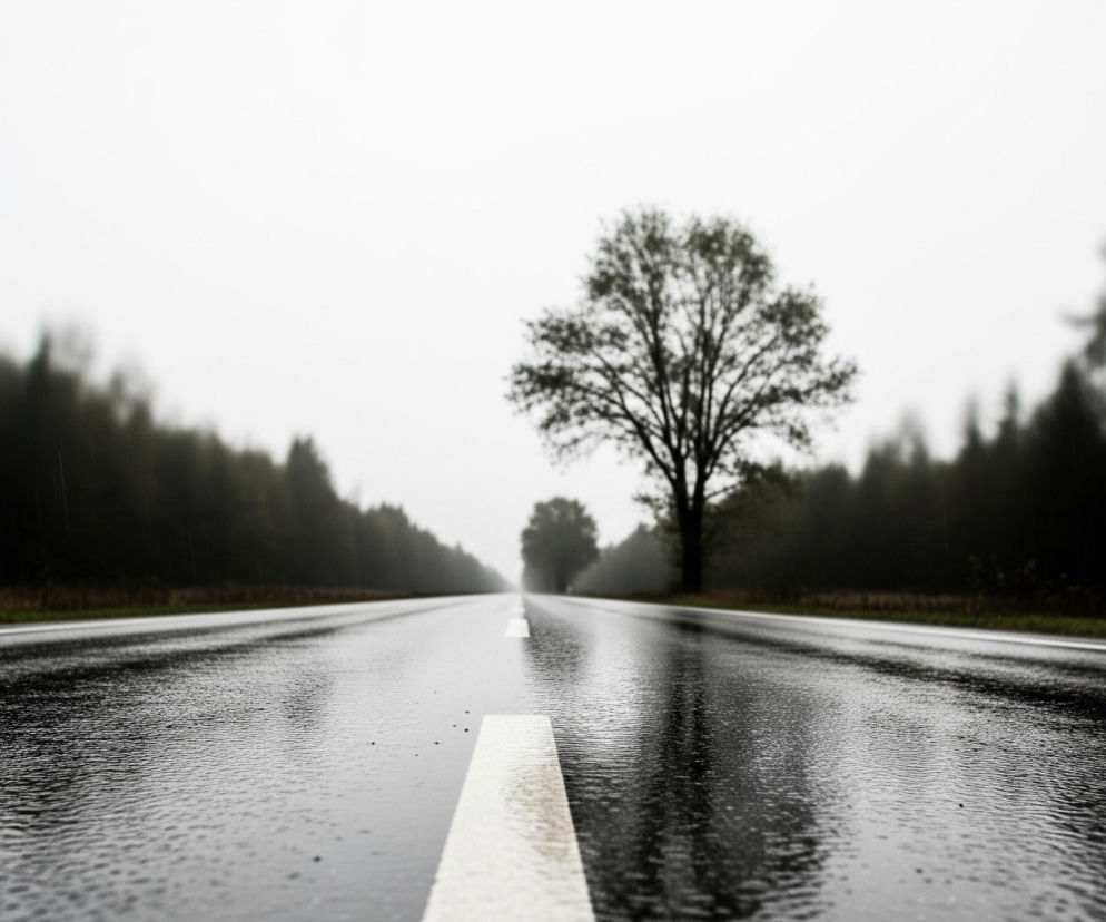 Szara, mokra asfaltowa droga biegnie prosto przez środek kadru, widoczna z niskiej perspektywy, z białymi przerywanymi liniami oznaczającymi pasy ruchu. Powierzchnia drogi odbija światło, tworząc refleksy, a drobne krople deszczu spadają pionowo, tworząc delikatne zmarszczki na wodzie. W oddali, na horyzoncie, stoi pojedyncze, rozłożyste drzewo z ciemnymi, pełnymi liści koronami, otoczone zamazanym, ciemnym lasem po obu stronach drogi, rozciągającym się aż do góry kadru. Niebo jest jasnoszare i jednolite, bez wyraźnych chmur.