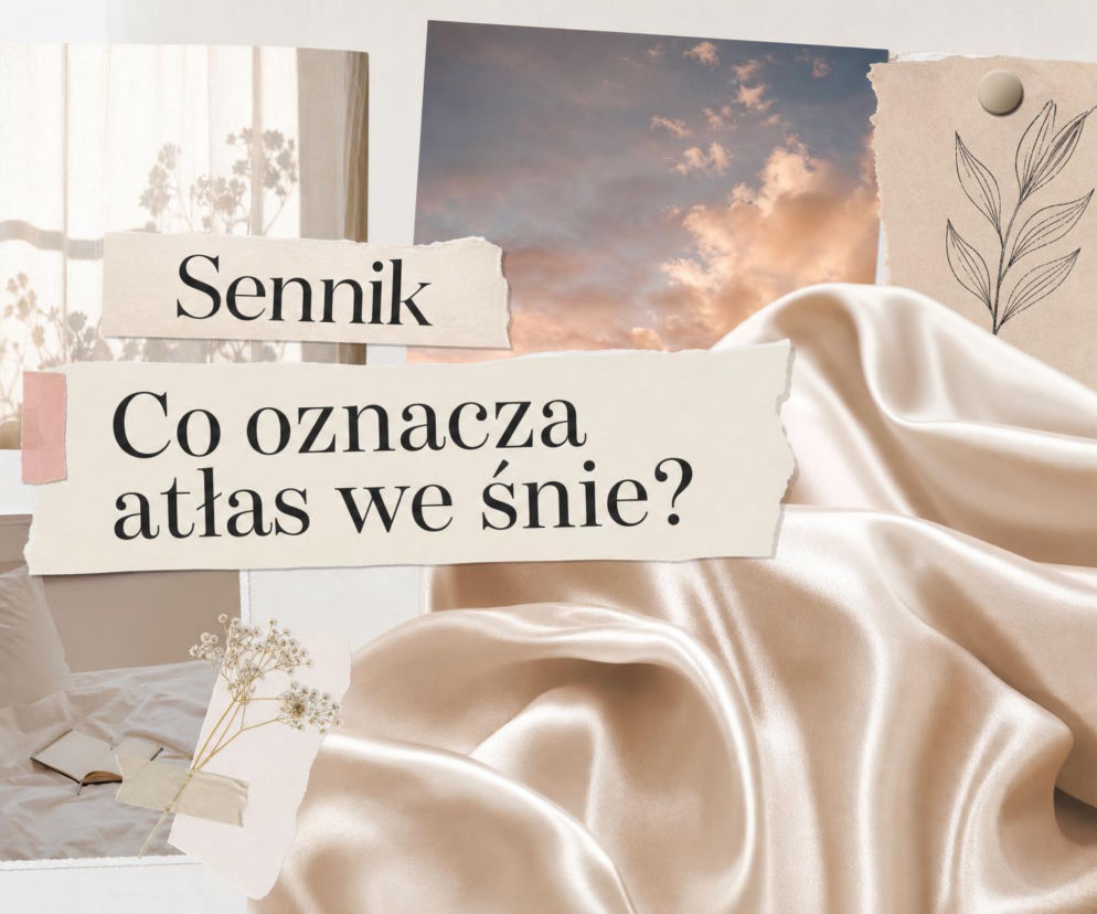 Lśniący materiał obok grafik z niebem i sypialnią. O znaczeniu snu o atłasie przeczytasz na portalu SE.