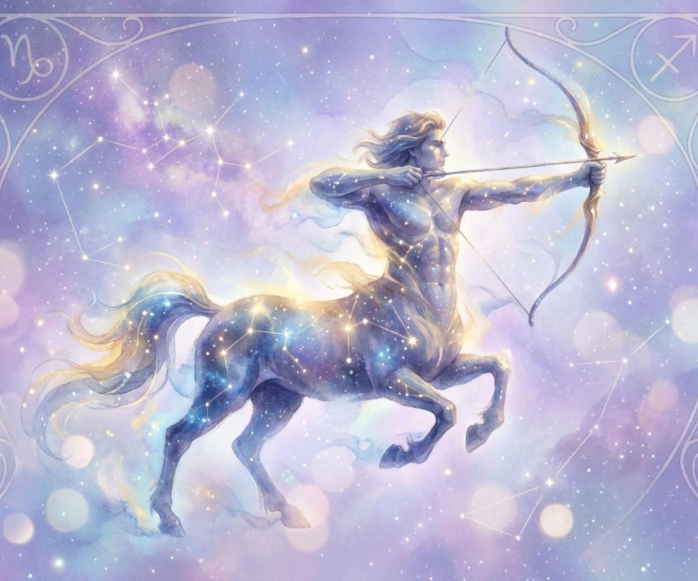 Ilustracja przedstawiająca Strzelca, mitologicznego centaura z łukiem i strzałą, symbolizującego ten znak zodiaku. Postać otoczona jest gwiezdnym niebem z konstelacjami i rozświetlonymi punktami, a w górnym rogu znajduje się symbol Strzelca. Horoskop dzienny dla Strzelca na naszym portalu.