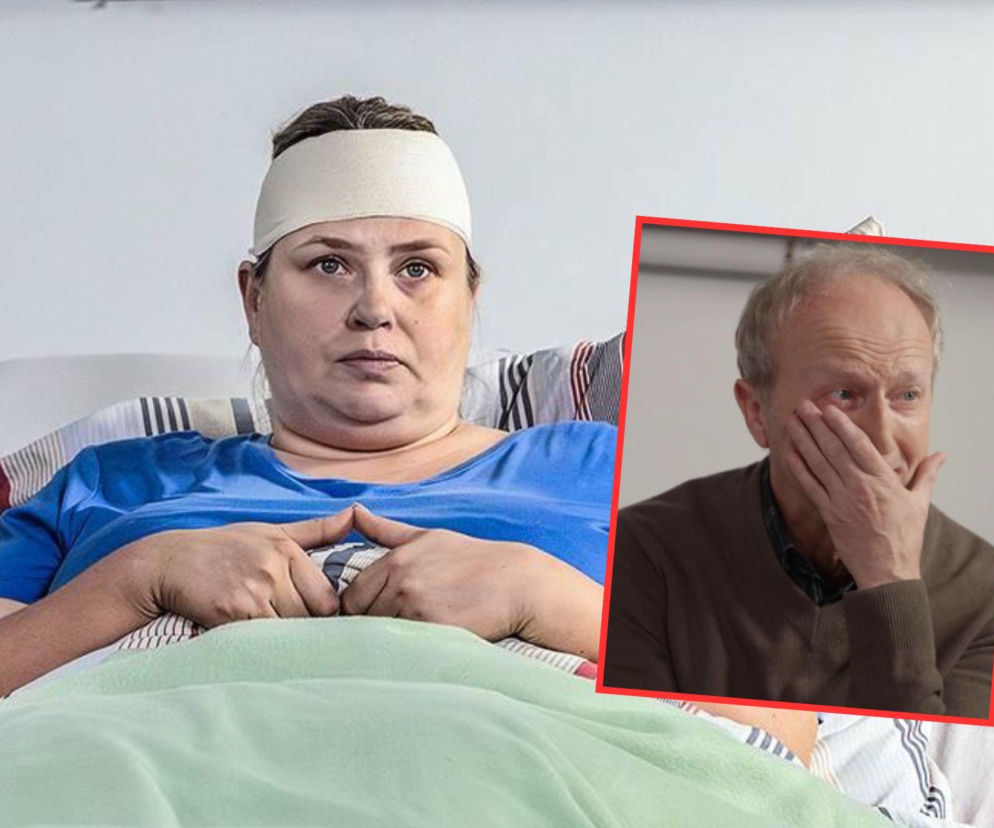 Kazanowa z bandażem na głowie leży w łóżku. Na wstawce płaczący Seweryn. O serialu Pierwsza miłość czytaj na SE Superseriale.