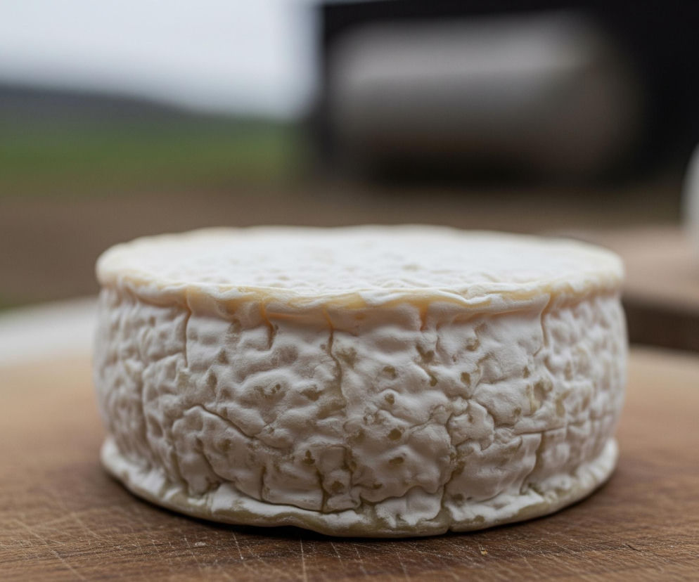 Centralnie na obrazie znajduje się okrągły, białawy ser pleśniowy z pomarszczoną, nierówną skórką. Leży on na drewnianej desce do krojenia, widocznej z przodu obrazu, z wyraźnymi rysami i słojami drewna. W tle rozmywa się krajobraz z zielonymi trawami i szarym niebem, a po prawej stronie majaczy zamazana sylwetka drugiego kawałka sera.
