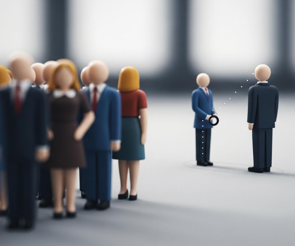 W centrum kadru stoi grupa stylizowanych figurek ludzkich, wykonanych z jasnego materiału przypominającego drewno lub plastik. Większość z nich jest ubrana w biznesowe stroje, takie jak granatowe garnitury z czerwonymi krawatami, brązowe sukienki z białymi kołnierzykami, oraz czerwone bluzki z zielonymi spódnicami, co wskazuje na różnorodność płci i ról. Figurki po lewej stronie obrazu są rozmyte i tworzą tłum, natomiast te po prawej są ostre i wyraźne.

Dwie figurki po prawej stronie stoją odwrócone do siebie, oddzielone przestrzennym okręgiem z przerywanych linii, symbolizującym dystans. Jedna z nich, ubrana w granatowy garnitur, trzyma w dłoni czarną lupę lub pierścień, a w jej stronę biegną małe, białe kropki. Druga, w ciemnym garniturze, stoi do niej plecami, z niewidoczną twarzą, a za nią widoczne są podobne białe kropki. Cała scena rozgrywa się na białym, gładkim tle, z subtelnie zarysowanym, ciemniejszym horyzontem.