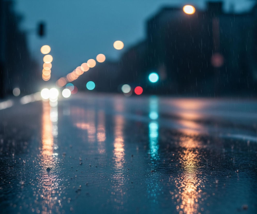 Mokrą, ciemną jezdnię rozświetlają odbicia pomarańczowych i turkusowych świateł. Deszcz pada na czarną nawierzchnię, tworząc liczne, drobne krople i zmarszczki na kałużach. W tle widać rozmazane, jaskrawe punkty świateł ulicznych i samochodowych, ułożone w rzędzie, z kilkoma czerwonymi i turkusowymi akcentami. Ogólny plan jest ciemny i rozmyty, z wyjątkiem przedniego, ostrego planu drogi.