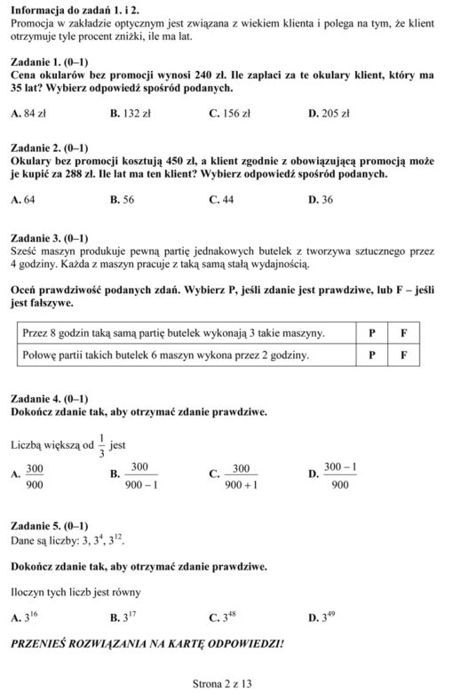 EGZAMIN GIMNAZJALNY 2014 MATEMATYKA ARKUSZE ODPOWIEDZI - OFICJALNE Z CKE