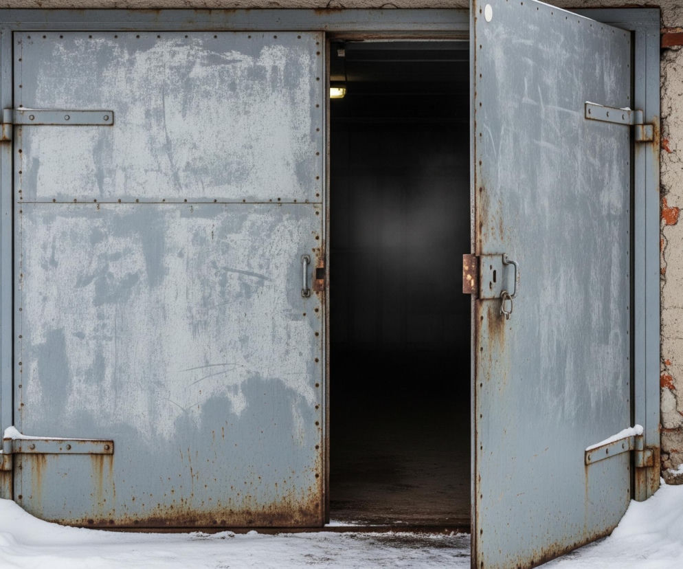 Otwarte, podwójne, szare metalowe wrota, osadzone w beżowej ścianie z tynkiem pokrytym pęknięciami i widocznymi cegłami. Prawa połowa wrót jest otwarta na zewnątrz i lekko przekrzywiona, ukazując ciemne wnętrze z jednym włączonym, żółtym światłem u góry po lewej stronie. Obie części wrót są mocno skorodowane, z licznymi rdzawymi zaciekami i śladami użytkowania, a u ich podstawy leży warstwa śniegu.