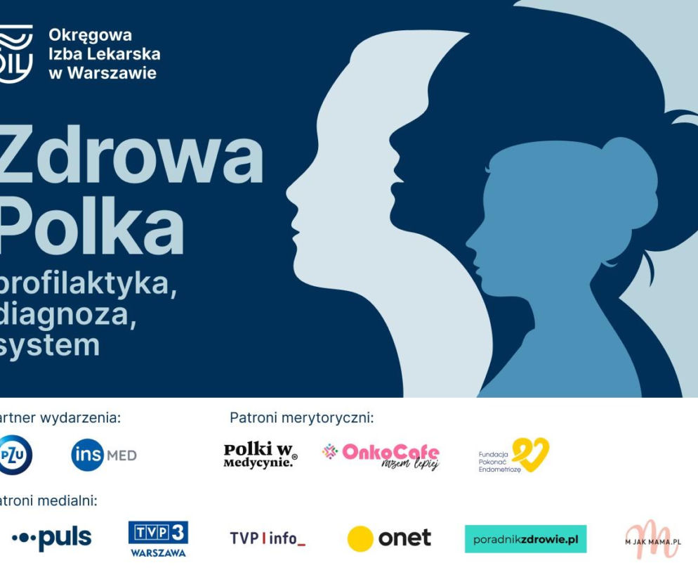 Grafika informacyjna promująca konferencję Zdrowa Polka – profilaktyka, diagnoza, system z logiem Okręgowej Izby Lekarskiej w Warszawie oraz sylwetkami trzech kobiet symbolizującymi różne pokolenia. W dolnej części widoczne loga partnerów i patronów medialnych wydarzenia, w tym Poradnik Zdrowie.