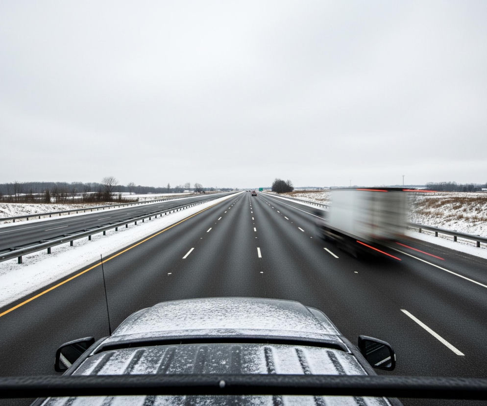 Z przodu, na dole kadru, widoczny jest fragment dachu czarnego samochodu pokrytego cienką warstwą śniegu. Nad samochodem rozciąga się szeroka autostrada, składająca się z wielu pasów ruchu, z widocznymi białymi i żółtymi liniami. Po lewej stronie autostrady biegnie drugi, równoległy pas jezdni, oddzielony od głównej barierkami ochronnymi, a oba pasy otacza zaśnieżony, pagórkowaty krajobraz z ciemnymi drzewami w tle. W oddali, po prawej stronie autostrady, rozmyta ciężarówka z białą naczepą i czerwonymi światłami hamowania przesuwa się dynamicznie. Całość sceny znajduje się pod jasnym, zachmurzonym niebem o odcieniach szarości.