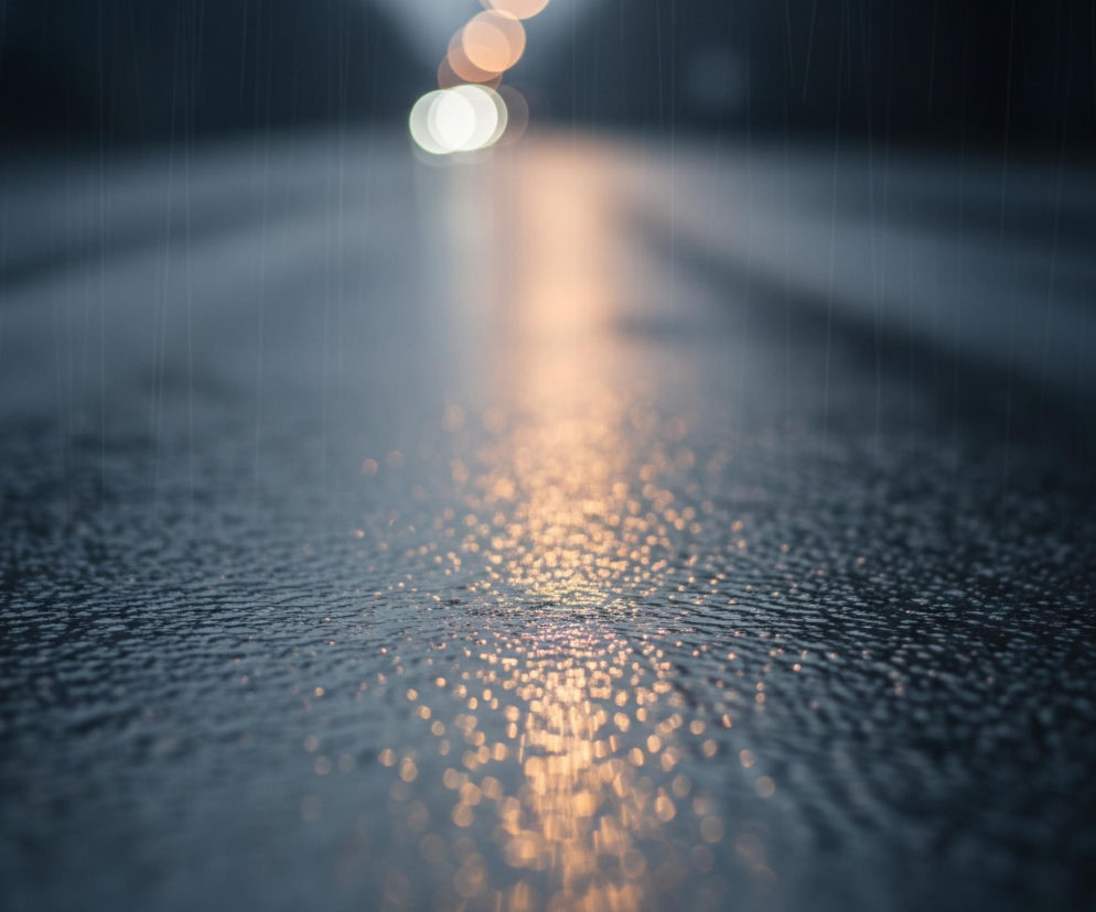 Mokra, ciemna droga, prawdopodobnie asfaltowa, rozciąga się w głąb obrazu, a jej powierzchnia mieni się odbitym światłem. Na pierwszym planie widoczne są liczne drobne krople wody na drodze, tworzące lekko nierówną teksturę. W oddali, w centrum górnej części obrazu, rozmyte, okrągłe światła uliczne lub pojazdów świecą jasnym białym i ciepłym pomarańczowym blaskiem, rzucając wydłużone, złociste odbicie na mokrej nawierzchni. Pionowe smugi, imitujące padający deszcz, są subtelnie widoczne w całym kadrze.