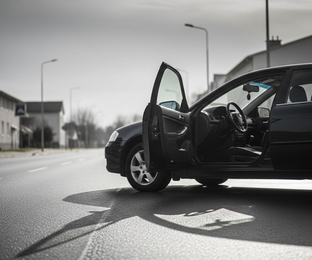 Czarny samochód osobowy stoi na asfaltowej drodze, lekko skierowany w prawo, z otwartymi drzwiami kierowcy. Na lewo od samochodu biegnie chodnik, za którym widoczne są domy i latarnie uliczne, tworząc miejski krajobraz. Silne światło słoneczne pada z prawej strony, rzucając długie cienie na drogę i wnętrze samochodu.