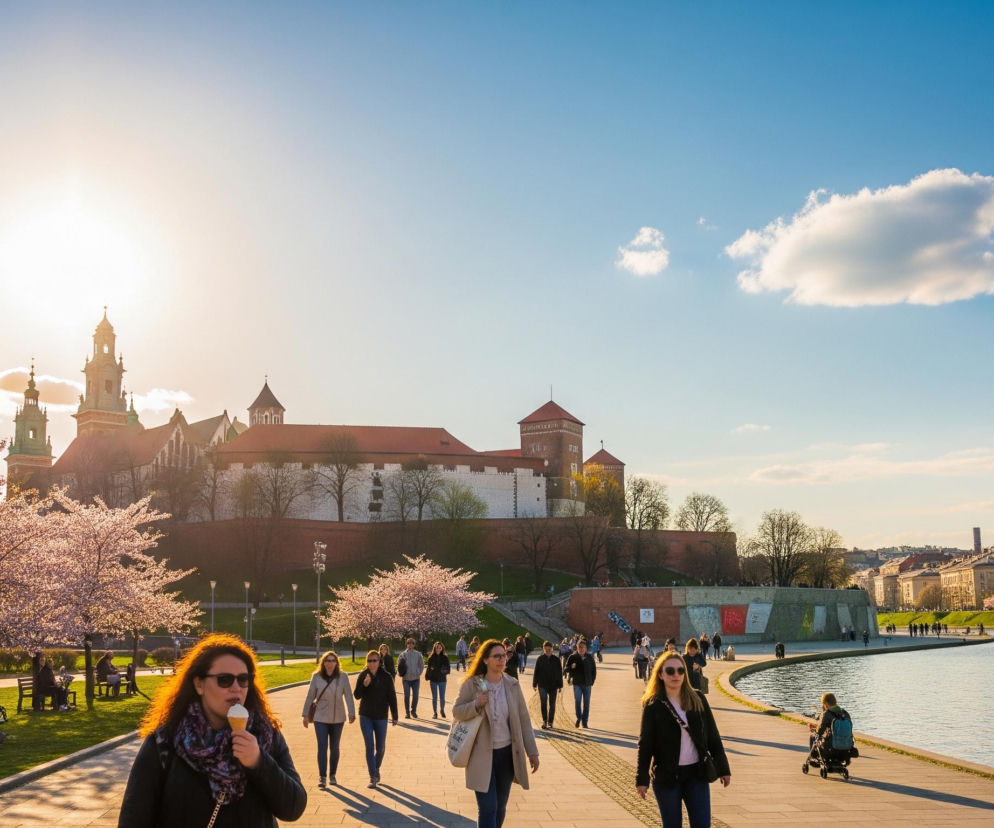 Na pierwszym planie, z lewej strony, widać kobietę z długimi, brązowymi włosami, ubraną w czarną kurtkę i szalik w odcieniach fioletu, noszącą okulary przeciwsłoneczne i jedzącą lody z wafelka. Na szerokiej, utwardzonej ścieżce spacerowej idzie wiele osób, w tle widoczne są kwitnące drzewa o różowych kwiatach oraz zielone trawniki, na których siedzą ludzie na ławkach. W tle dominuje kompleks budynków z ceglanymi dachami i białymi murami, a za nim rozciąga się rzeka z łagodnym brzegiem i zabudową miejską na dalszym planie. Błękitne niebo z kilkoma białymi chmurami jest rozświetlone słońcem, które tworzy długie cienie i jasne refleksy na elementach krajobrazu.
