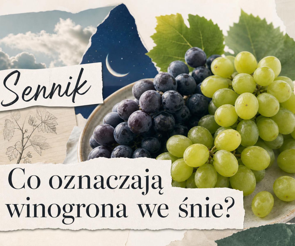 Ciemne i jasne winogrona na talerzu. Obok napis sennik oraz księżyc. O znaczeniu snu przeczytasz na SE.