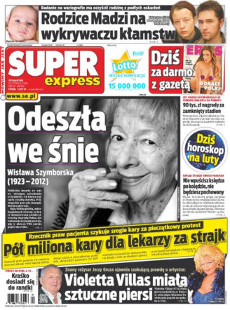 Wisława Szymborska NIE ŻYJE - okładki gazet 02.02.2012