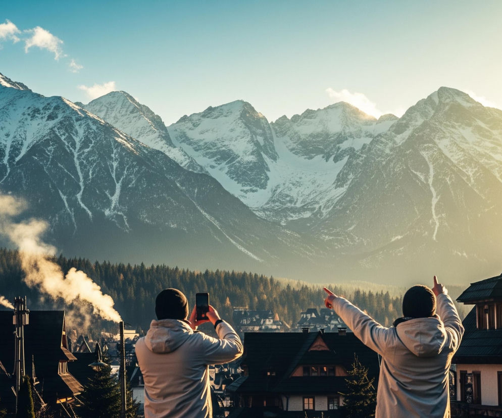 Dwie osoby tyłem stoją na pierwszym planie, patrząc na rozległy górski krajobraz. Osoba po lewej trzyma czarny smartfon i celuje nim w stronę widoku, natomiast osoba po prawej wskazuje oburącz w górę na szczyty. Obie osoby ubrane są w jasne kurtki z kapturami i czarne czapki. Przed nimi rozciąga się wiejska zabudowa z licznymi drewnianymi domami z ciemnymi dachami, z których niektóre kominy dymią, tworząc białe smugi. Za zabudową widać gęsty, ciemnozielony las iglasty. W tle dominują majestatyczne, ośnieżone góry o strzelistych szczytach, które odbijają złociste światło zachodzącego lub wschodzącego słońca, tworząc gradient koloru nieba od jasnego błękitu po lewej stronie do żółto-pomarańczowego po prawej.