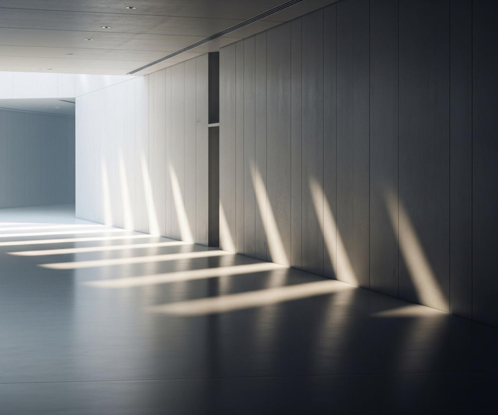Długi, wąski korytarz o minimalistycznym, nowoczesnym wyglądzie jest zalany światłem i cieniami. Lewa ściana oraz podłoga korytarza są jaśniejsze, oświetlone promieniami słońca padającymi z góry i z prawej strony, tworząc długie, ukośne pasy światła na podłodze i fragmentach ścian. Prawa strona korytarza jest znacznie ciemniejsza, z pionowymi panelami na ścianie, znikającymi w głębokim cieniu, tylko dolna część paneli odbija światło w najjaśniejszym miejscu. Sufit również jest panelowany, z liniowymi otworami wentylacyjnymi, a w oddali korytarz rozświetla jasna przestrzeń.