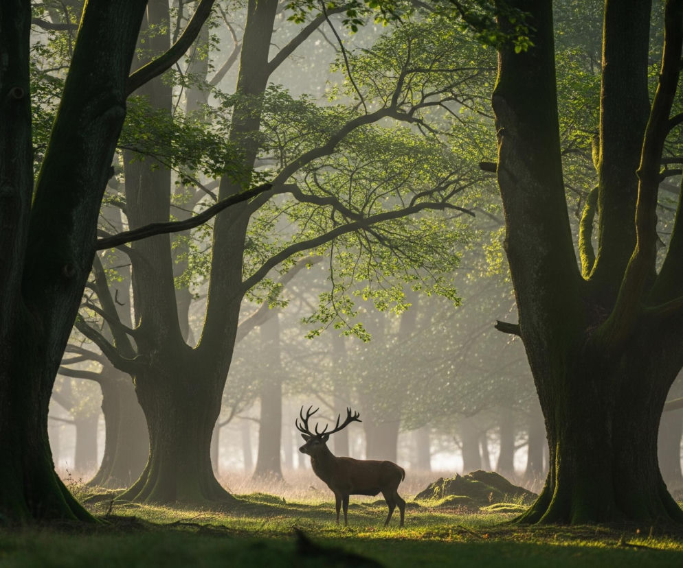 W środku kadru stoi dorosły jeleń z imponującym porożem, patrzący w prawo. Zwierzę ma brązowe umaszczenie i jest częściowo oświetlone złotym światłem, kontrastującym z ciemnymi pniami drzew wokół. Scena przedstawia gęsty las z dużymi, starożytnymi drzewami o grubych, pokrytych mchem pniach, tworzącymi aleję rozciągającą się w głąb obrazu. Między drzewami, w tle, unosi się gęsta mgła, przez którą przebija się miękkie, jasne światło, podkreślając zarys liści i gałęzi.