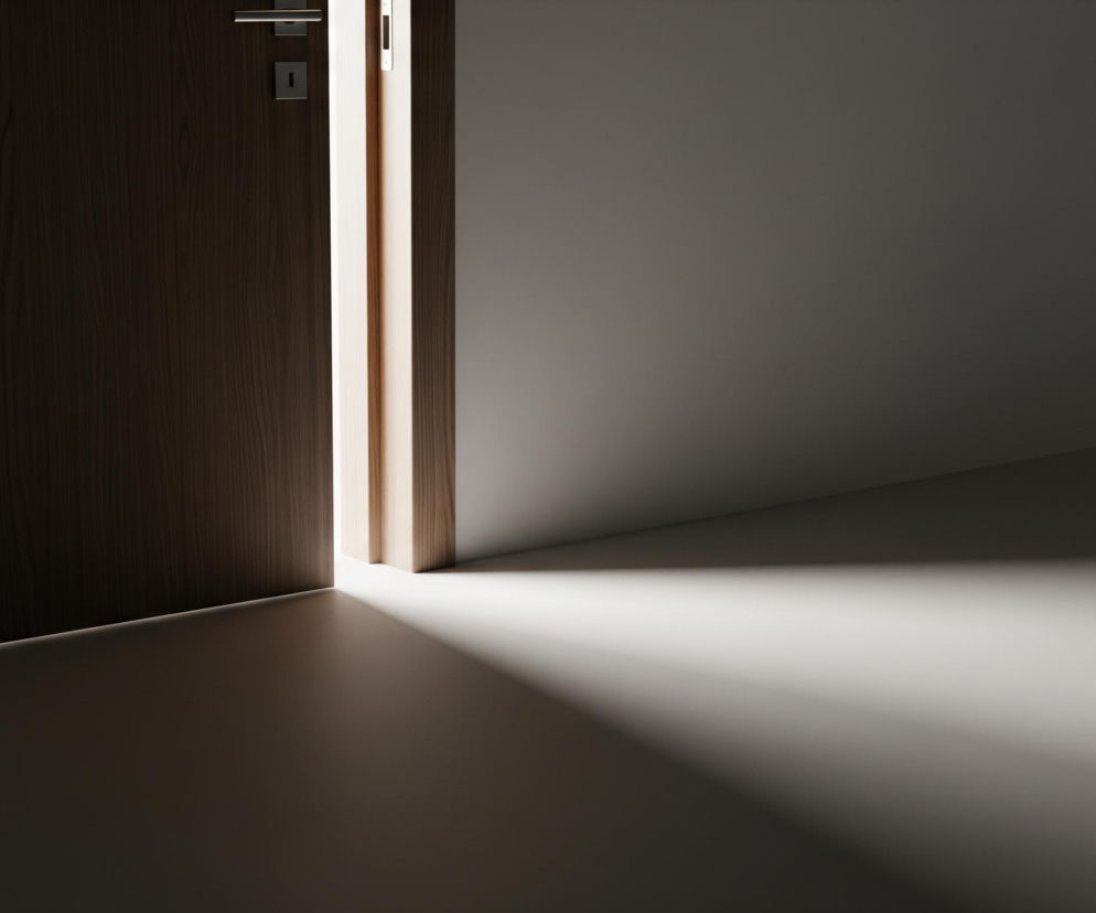 Lewa strona kadru ukazuje otwarte, ciemne drewniane drzwi z widocznym srebrnym klamką i kwadratowym zamkiem. Pomiędzy drzwiami a futryną widoczna jest wąska, pionowa smuga jasnego światła. To światło rozciąga się również po podłodze, tworząc trójkątną plamę, która zanika w prawym dolnym rogu. Prawa część obrazu oraz tło są utrzymane w ciemnych odcieniach szarości, kontrastując z jasnym światłem.