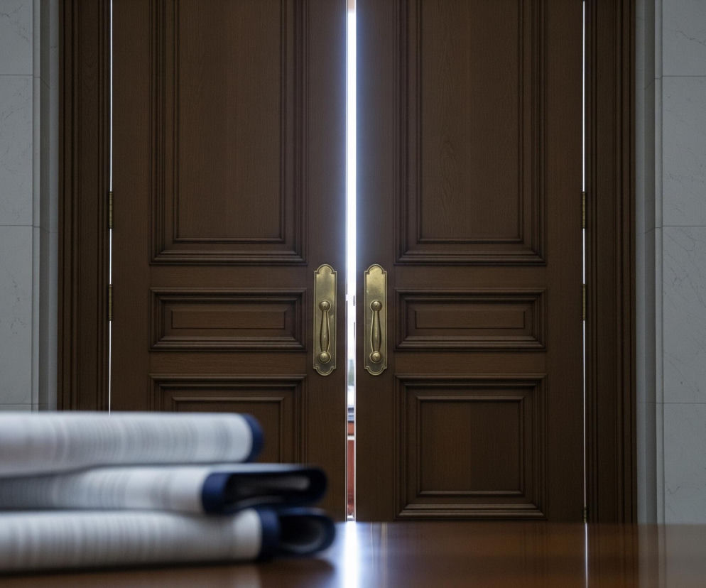 Trzy zrolowane dokumenty z niebieskimi opaskami leżą na drewnianym blacie stołu w dolnej części kadru, są częściowo rozmazane. Za nimi, w centrum obrazu, widać otwarte, podwójne, drewniane drzwi w ciemnym kolorze brązu, z jaśniejszym światłem wpadającym przez szczelinę między nimi i z ich boków. Na drzwiach widoczne są ozdobne, złote klamki i detale panelowania. Po obu stronach drzwi znajdują się ściany pokryte szarymi panelami przypominającymi marmur, z widocznymi ciemniejszymi żyłkami.