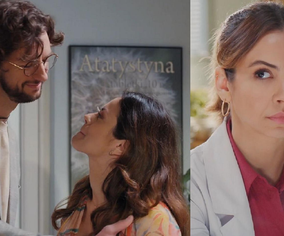 Po lewej Mariusz (Mateusz Mosiewicz) i Kasia (Paulina Lasota) z M jak miłość patrzą na siebie z czułością, on uśmiechnięty w okularach, ona z włosami opadającymi na ramiona. Po prawej Aneta (Ilona Janyst) z zamyśloną miną. Dowiedz się więcej o Super Seriale.