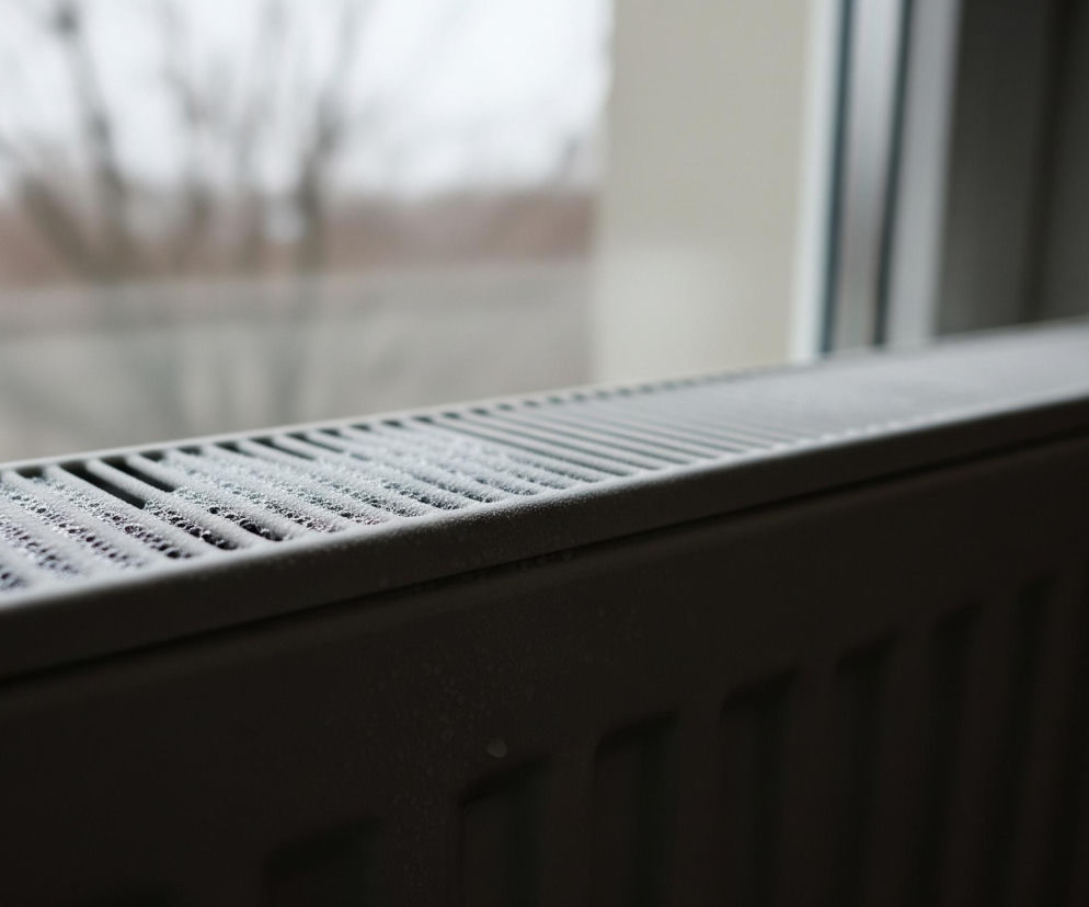 Biały grzejnik żeberkowy z widocznym na górnej, kratkowanej powierzchni szronem lub kroplami wody, zajmuje prawą dolną część kadru. Na jego wierzchu gromadzą się drobne, błyszczące kropelki. Za grzejnikiem znajduje się okno z jasną ramą, a za nim rozmazany widok zewnętrzny przedstawiający szare niebo i nagie drzewa.