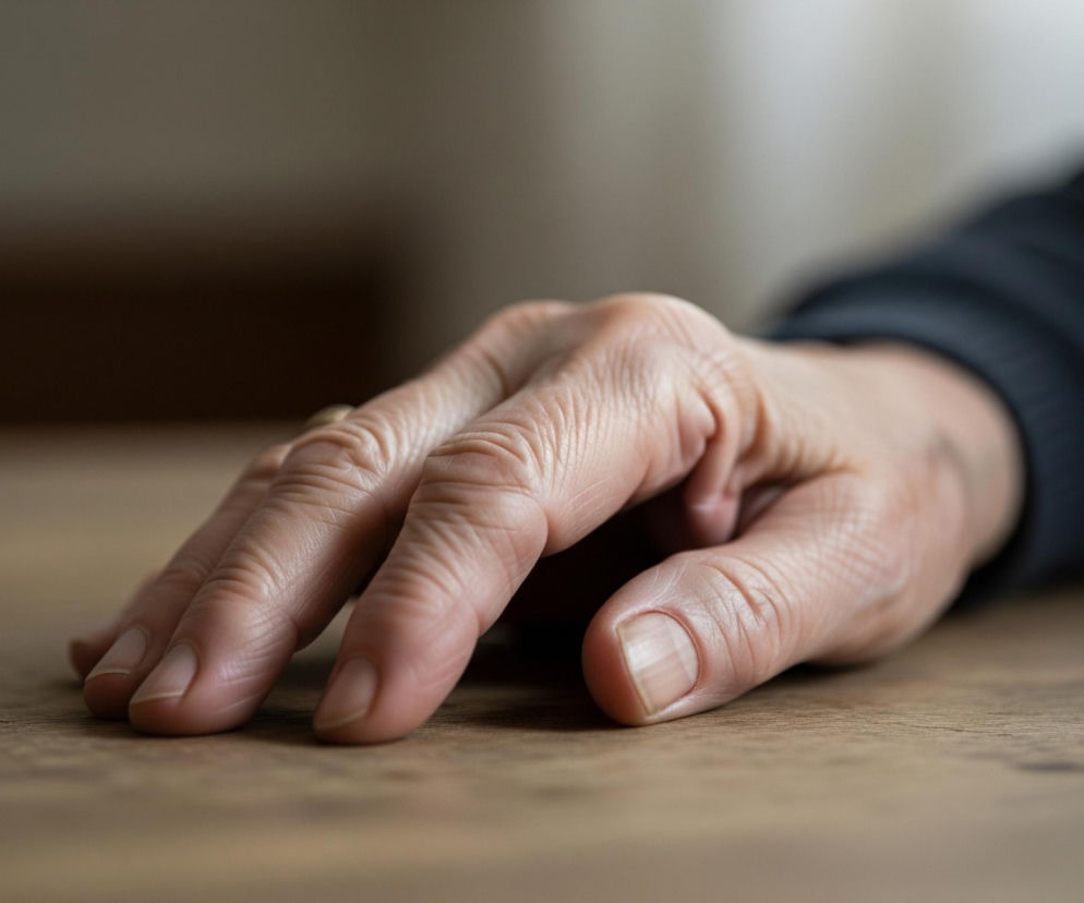 Na pierwszym planie widoczna jest ludzka dłoń spoczywająca na jasnobrązowej, drewnianej powierzchni stołu. Dłoń o jasnej karnacji, z wyraźnie widocznymi zmarszczkami na skórze i stawach palców, lekko rozłożona na blacie. Na palcu serdecznym znajduje się cienki, złoty pierścionek. W tle, powyżej dłoni, przestrzeń jest rozmyta i przechodzi od jasnego beżu do ciemniejszego brązu, z fragmentem ciemnego, prawdopodobnie czarnego, rękawa w prawym górnym rogu.