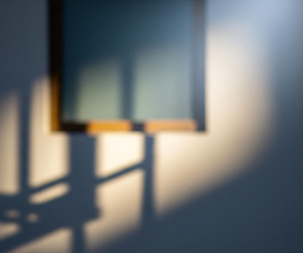 Pionowo zorientowane, prostokątne okno z ciemną ramą, zawierające dwie poziome, jasnobrązowe belki, znajduje się w górnej, środkowej części obrazu. Na niebieskoszarym tle ściany pada duży cień, rzucany przez coś przypominającego ramę okna lub inny obiekt o podobnym kształcie, składający się z poziomych i pionowych linii. Po prawej stronie cienia znajduje się jasny, ukośny pas światła, który rozjaśnia ścianę w kierunku prawego górnego rogu.