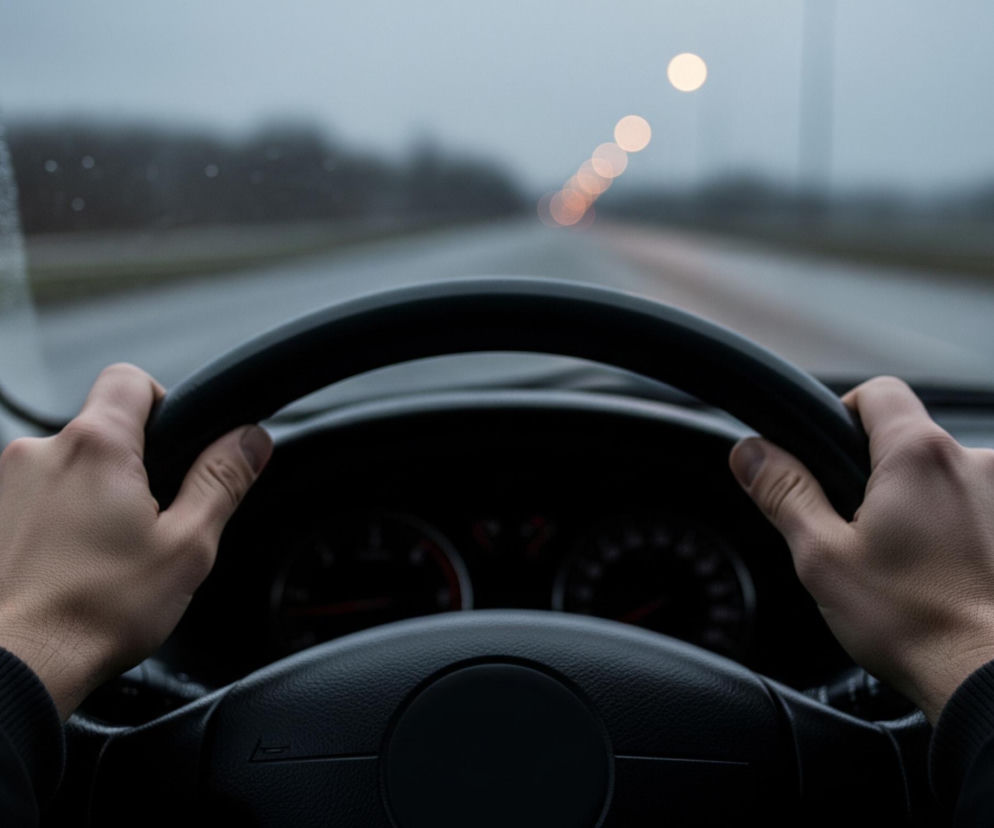 Dłonie osoby w ciemnej kurtce trzymają kierownicę samochodu, widoczną z perspektywy kierowcy. Przednia szyba samochodu pokryta jest drobnymi kroplami deszczu, przez które widać mglistą, szarą drogę w oddali. Na horyzoncie widoczne są rozmyte, pomarańczowo-białe światła uliczne, ciągnące się w rzędzie wzdłuż drogi. W dolnej części kadru, za kierownicą, zarysowane są zegary deski rozdzielczej samochodu.