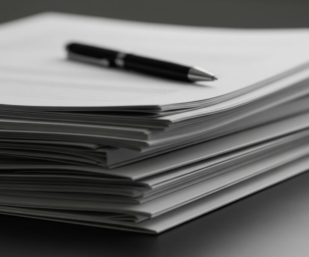 Stos białych kartek papieru ułożony na ciemnoszarym, lekko teksturowanym blacie. Na wierzchu stosu leży czarny długopis z metalową, srebrną końcówką i klipsem, umieszczony pod lekkim kątem. Obraz ma płytką głębię ostrości, z długopisem i wierzchem stosu papieru w centrum uwagi, podczas gdy reszta tła jest rozmyta. Oświetlenie pada z lewej strony, tworząc subtelne cienie i akcentując fakturę powierzchni.