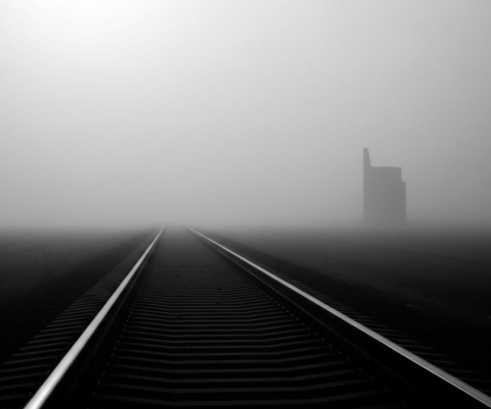 Torowisko kolejowe biegnie centralnie przez obraz, znikając w oddali w gęstej, jasnej mgle, która dominuje w górnej części kadru. Szyny są wyraźnie widoczne, lśniące jasnym srebrem, podczas gdy podkłady kolejowe są ciemne i poziome, tworząc regularny wzór. Po obu stronach torów rozciąga się ciemna, niemal czarna przestrzeń, prawdopodobnie pola lub tereny zielone, a po prawej stronie w oddali, zamglony, ciemny zarys budynku lub innej konstrukcji unosi się niewyraźnie nad horyzontem.