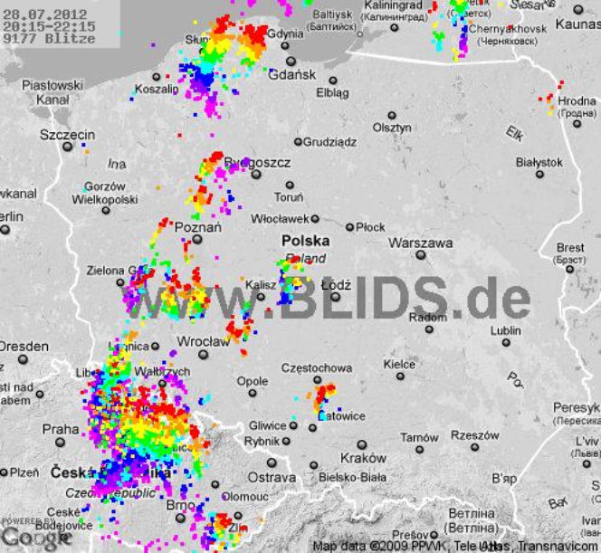 Burze w Polsce, 28.07.2012 - MAPA z godz. 20.15-22.15