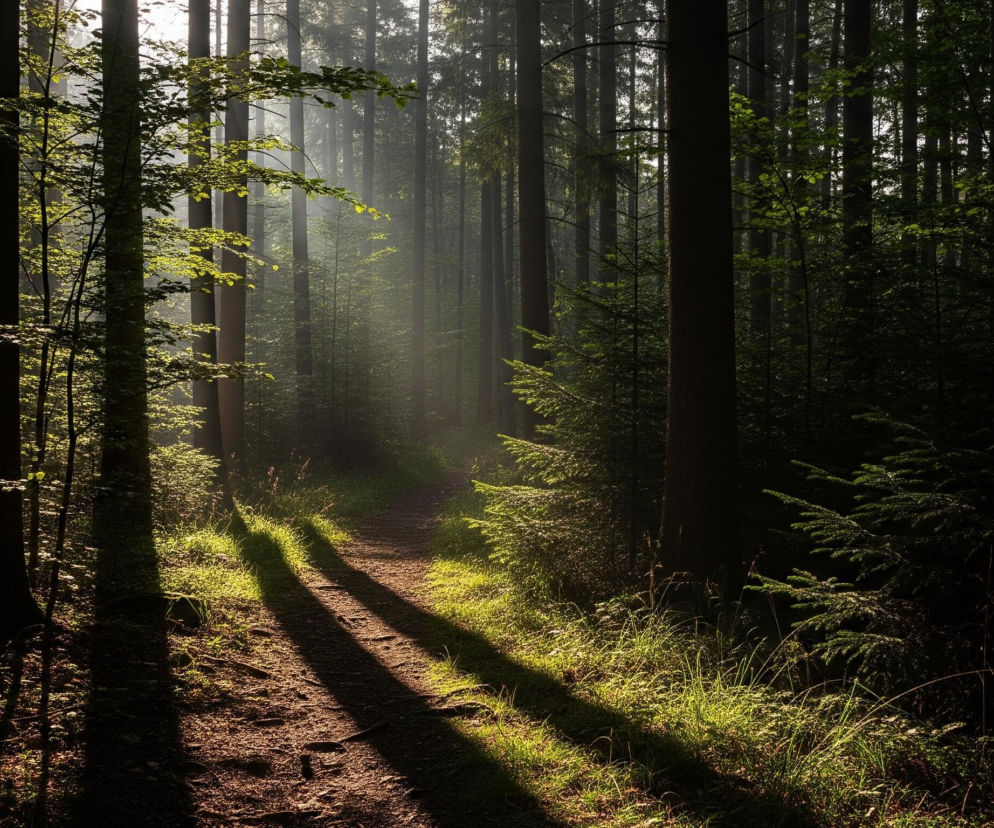Wąska, kręta ścieżka biegnie przez ciemny, gęsty las, tworząc złoty tunel światła. Po obu stronach ścieżki i w tle widać liczne, smukłe pnie drzew iglastych, gdzieniegdzie pojawiają się młode drzewka i krzewy z jasnozielonymi liśćmi. Promienie słońca, przechodzące przez korony drzew, tworzą na ziemi długie, ostre cienie, rozświetlając mech i trawę, co dodaje głębi i trójwymiarowości. Dominują ciemne odcienie zieleni i brązu, kontrastujące z jasnymi, żółto-zielonymi plamami światła, tworząc malowniczy, leśny krajobraz.