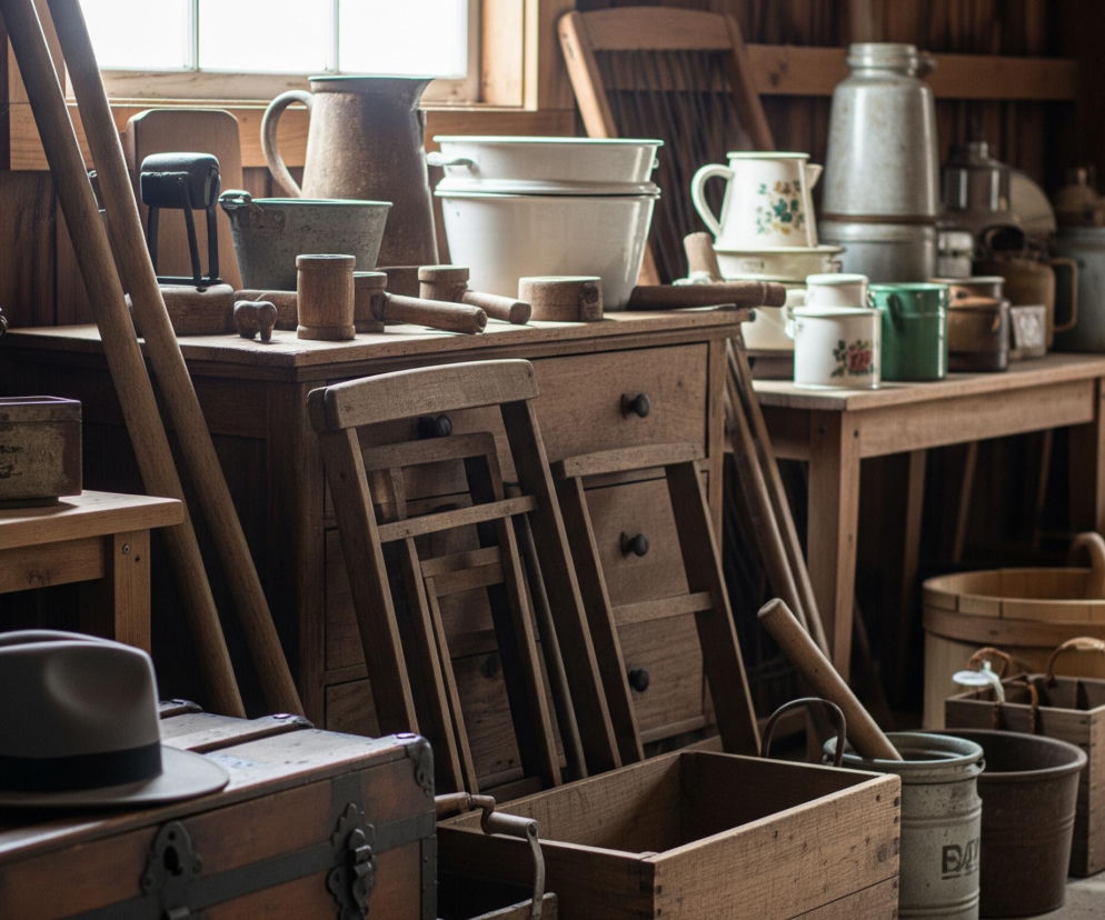W pomieszczeniu o drewnianych ścianach, oświetlonym naturalnym światłem z okna, znajduje się różnorodny zbiór przedmiotów gospodarskich i domowych. Po lewej stronie, na pierwszym planie, leży ciemnoszary kapelusz z czarną wstążką na drewnianej skrzyni. Na drewnianej komodzie oraz przyległych stołach i półkach stoją emaliowane miski, dzbanki, metalowe wiadra, pojemniki i liczne drewniane narzędzia oraz przedmioty. W tle widoczne są złożone drewniane krzesła i większe drewniane beczki.