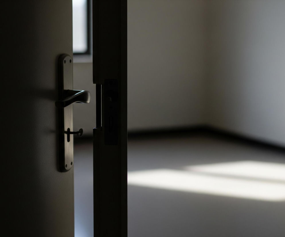 Po lewej stronie kadru widoczne są lekko uchylone, ciemne drzwi z metalową klamką i okrągłym zamkiem. Prawa część drzwi oraz ościeżnica tworzą pionową, ciemną szczelinę, prowadzącą do jasnego pomieszczenia. Wnętrze pomieszczenia jest puste, z podłogą i ścianami w odcieniach szarości, a na podłodze leżą dwa podłużne pasma jasnego światła słonecznego, tworzące kontrast z ogólnym zacienieniem obrazu.