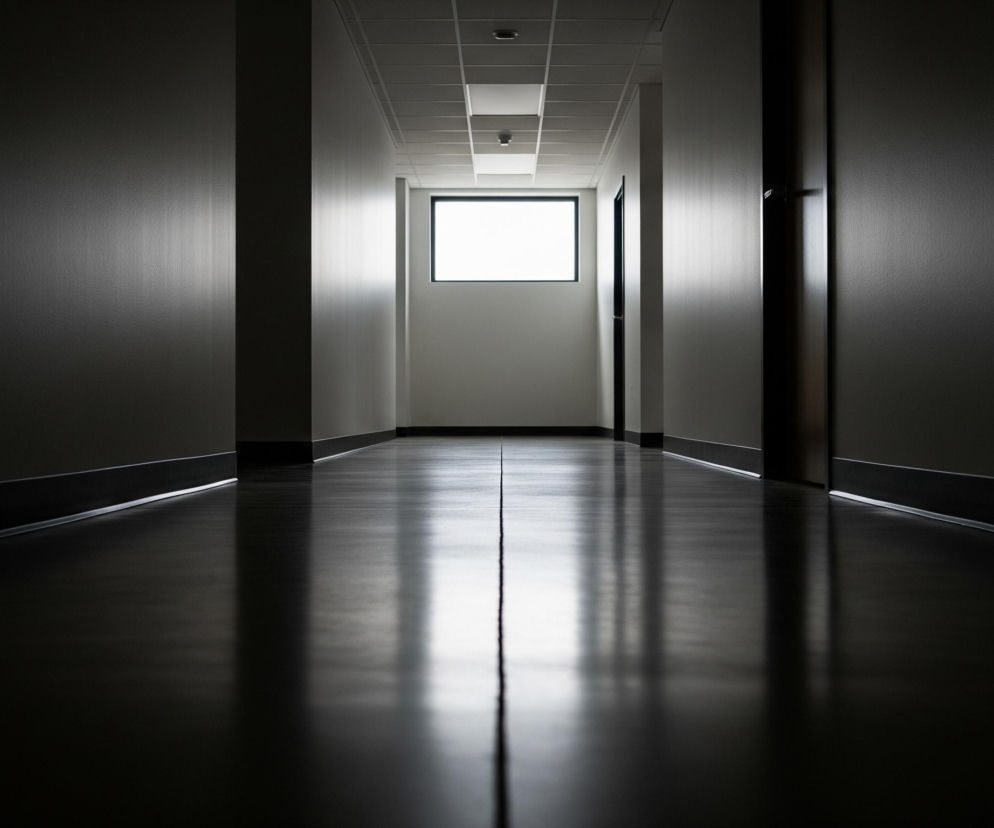 Długi, ciemny korytarz rozciąga się w głąb obrazu, prowadząc do jasnego prostokątnego okna na jego końcu. Ściany boczne korytarza są szare, lecz zanikają w mroku po bokach, a ich dolne krawędzie podkreślają czarne listwy. Polerowana podłoga intensywnie odbija światło z końca korytarza, tworząc długie, białe refleksy i ciemne cienie, oraz widoczne jest łączenie paneli biegnące przez środek. Sufit pokryty jest panelami z widocznymi kratownicami i kilkoma wbudowanymi lampami, a jedna z nich rzuca światło na sufit.
